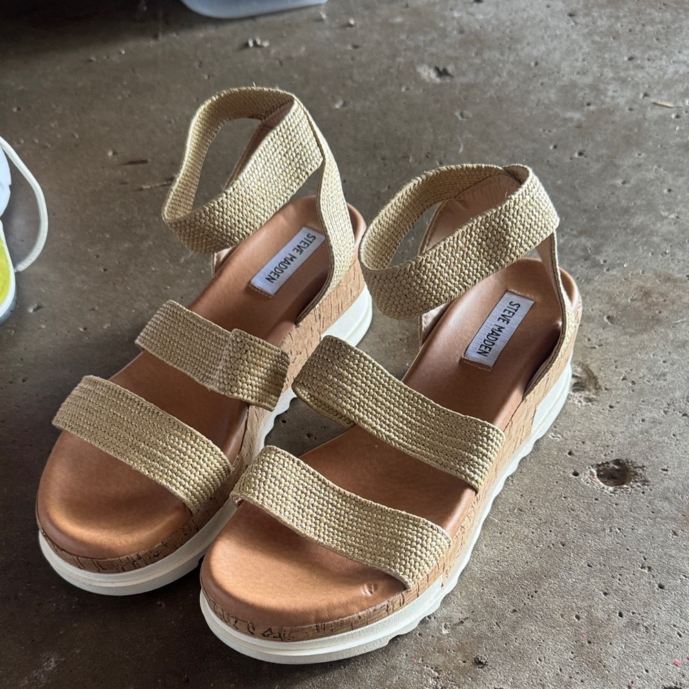 Steve Madden Beige Strappy Sandals with Cork Platform